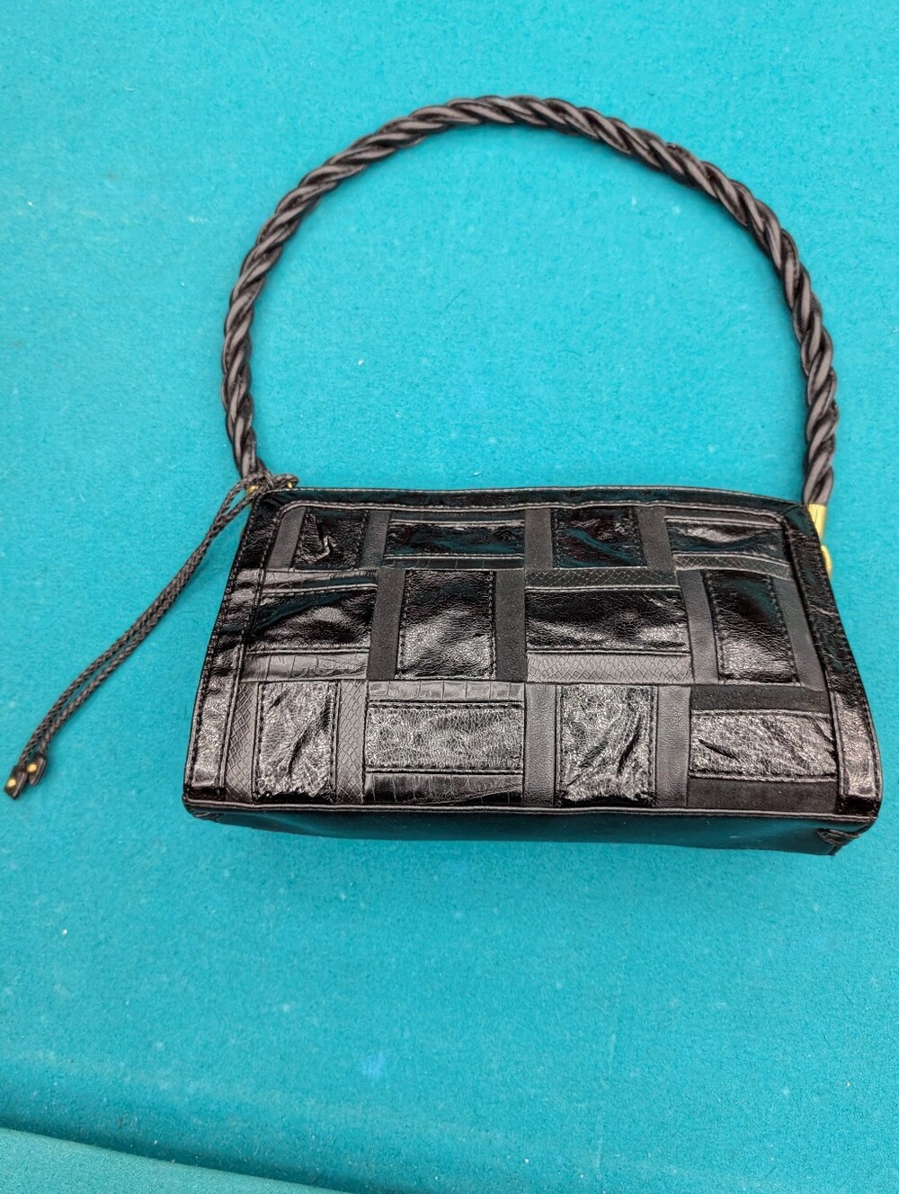 Relic by Fossil Vintage Black Patchwork Shoulder Bag Braided Rope Strap 90s